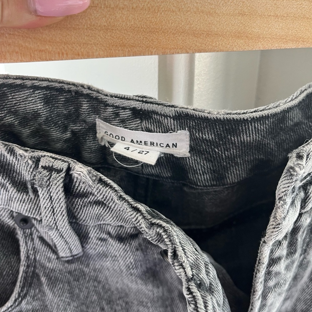Good American High Rise Gray Jeans Distressed Look